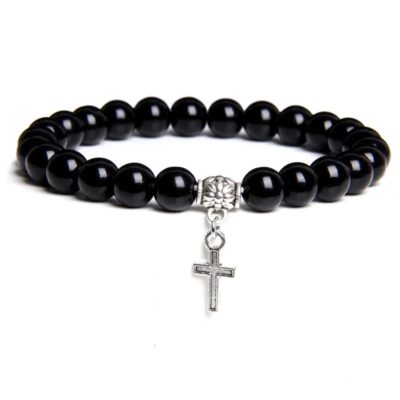 Trendy Men Beads Bracelet Slivers Color Cross Pendant Bracelet Natural Stone Bracelets Charm for Women Healing Prayer Jewelry