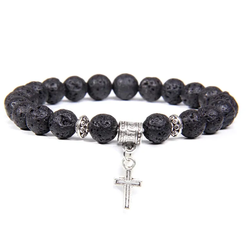 Trendy Men Beads Bracelet Slivers Color Cross Pendant Bracelet Natural Stone Bracelets Charm for Women Healing Prayer Jewelry