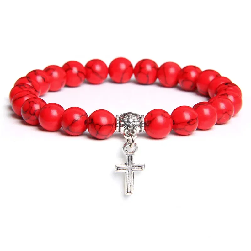 Trendy Men Beads Bracelet Slivers Color Cross Pendant Bracelet Natural Stone Bracelets Charm for Women Healing Prayer Jewelry