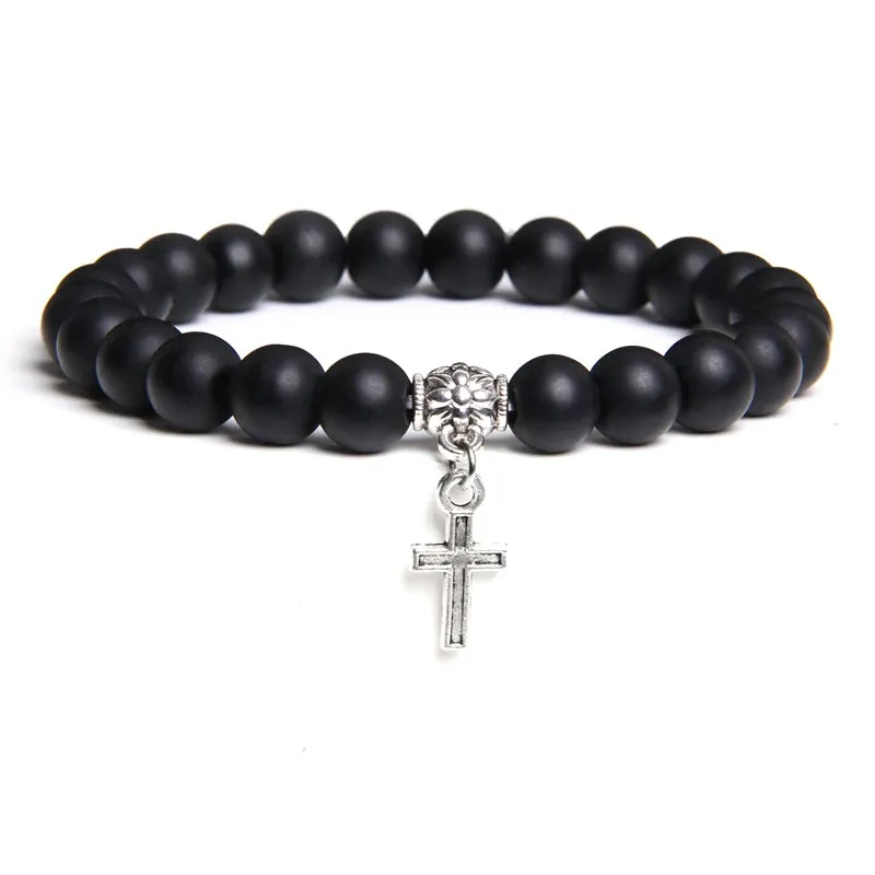 Trendy Men Beads Bracelet Slivers Color Cross Pendant Bracelet Natural Stone Bracelets Charm for Women Healing Prayer Jewelry