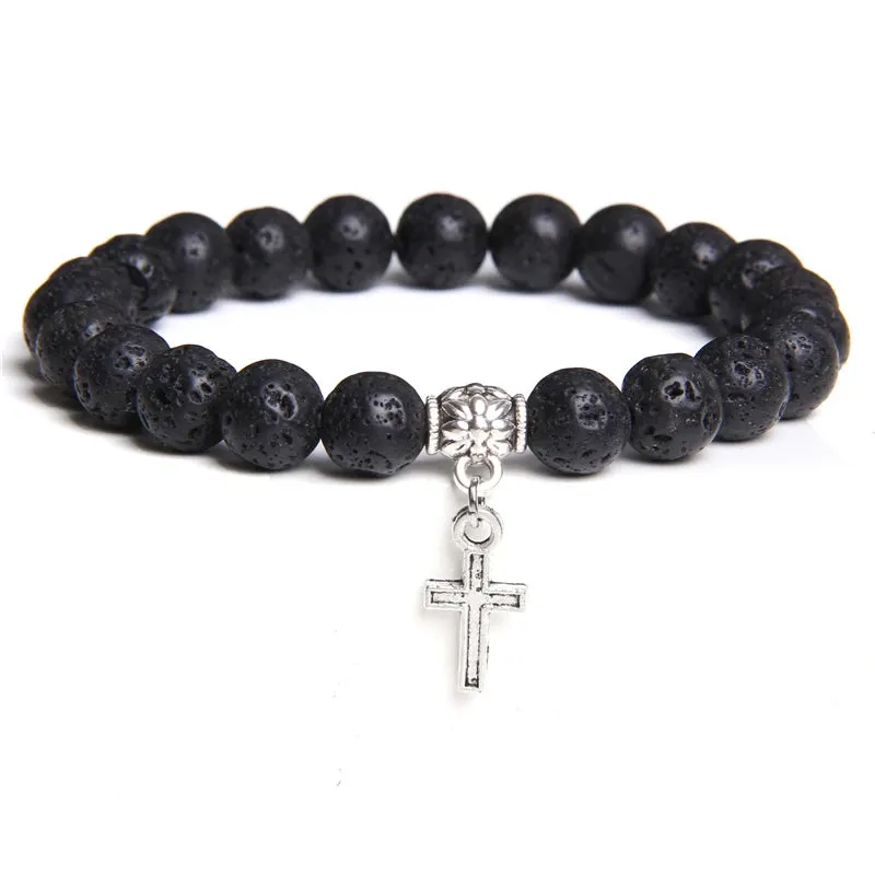 Trendy Men Beads Bracelet Slivers Color Cross Pendant Bracelet Natural Stone Bracelets Charm for Women Healing Prayer Jewelry