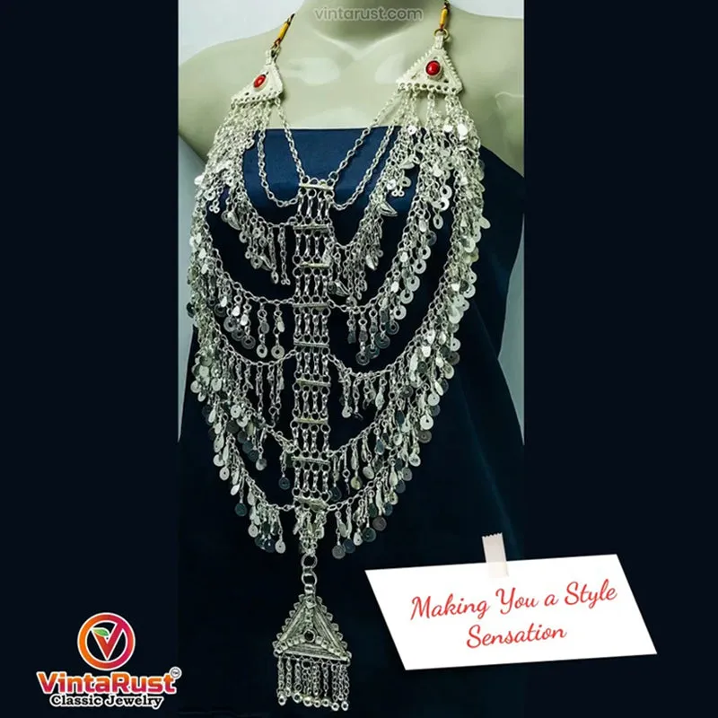 Tribal Necklace With Dangling Tassels and Big Pendant