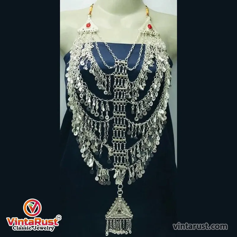 Tribal Necklace With Dangling Tassels and Big Pendant