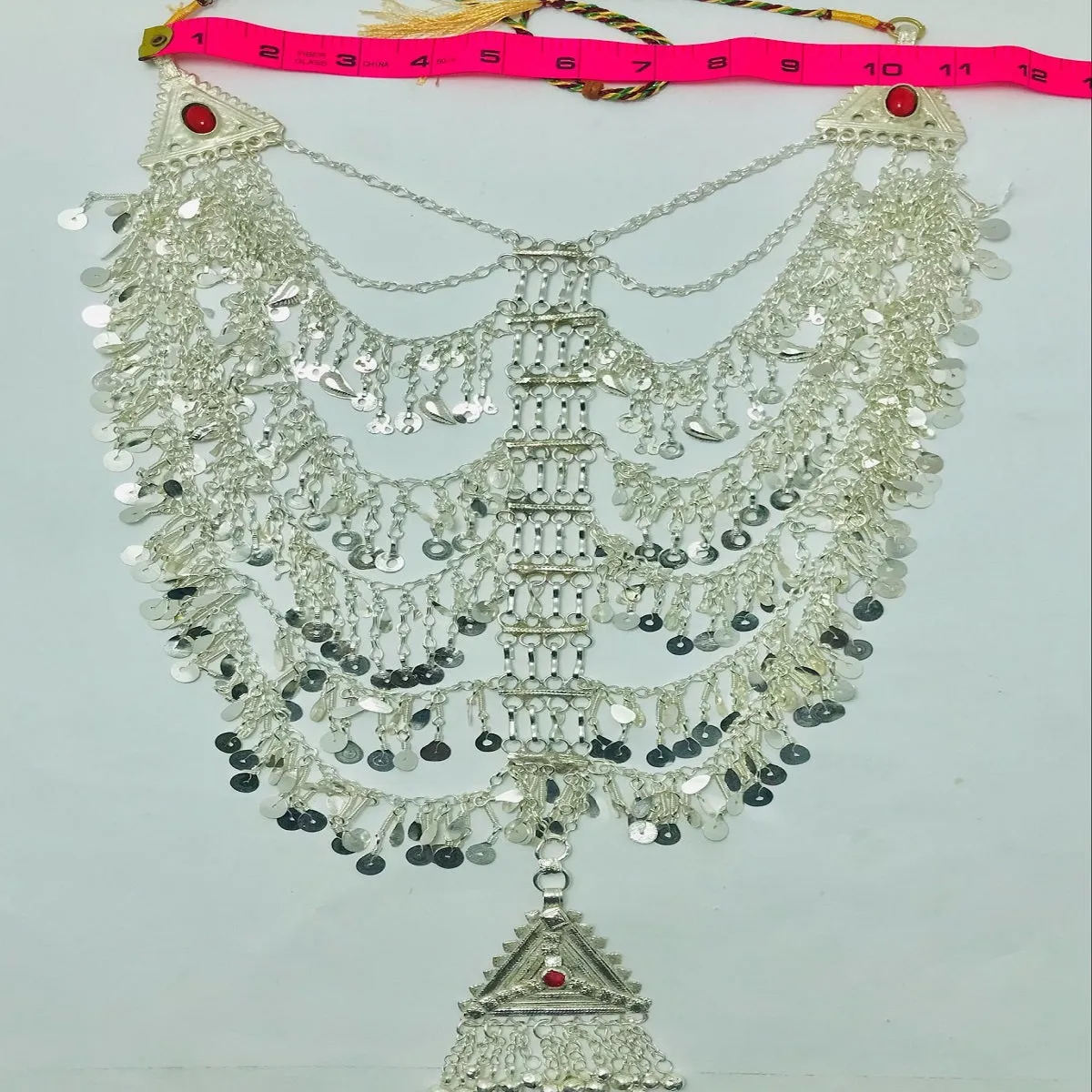 Tribal Necklace With Dangling Tassels and Big Pendant