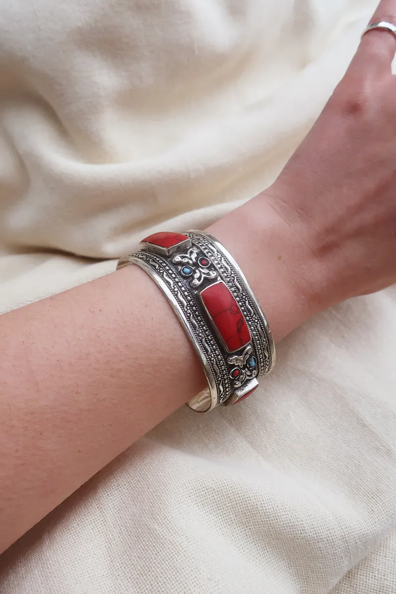 Turkish Silver Plated Brass Bangle with Reconstituted Coral Set Stone