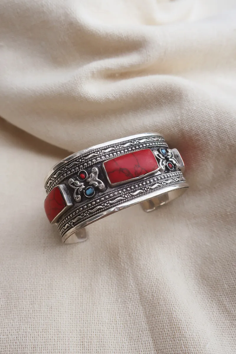 Turkish Silver Plated Brass Bangle with Reconstituted Coral Set Stone