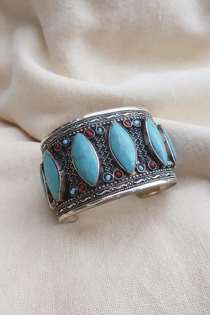 Turkish Silver Plated Brass Bangle with Reconstituted Turquoise Petals