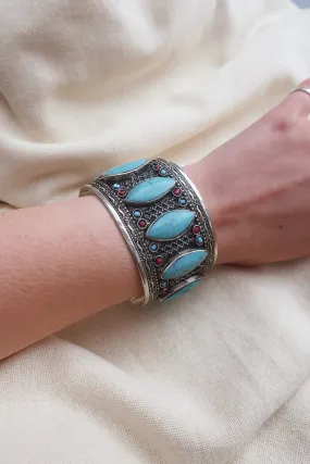 Turkish Silver Plated Brass Bangle with Reconstituted Turquoise Petals