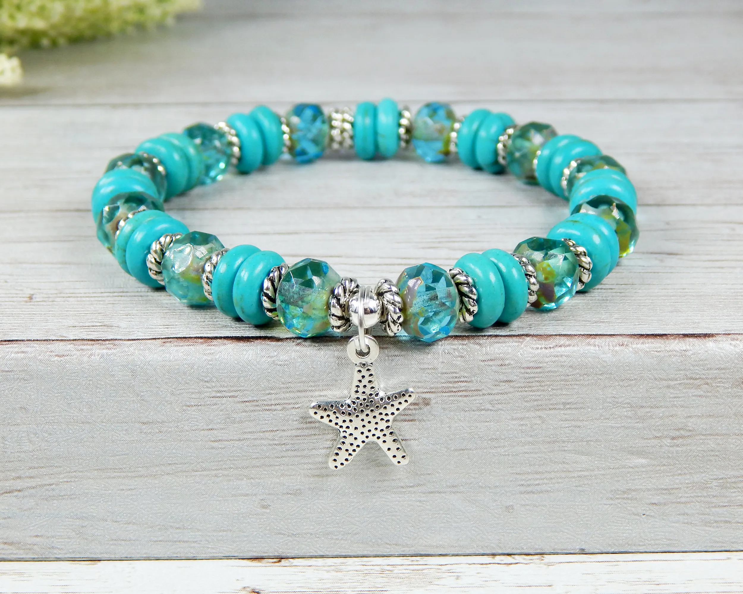 Turquoise Blue Ocean Inspired Bracelet - Ocean Jewelry - Starfish Charm