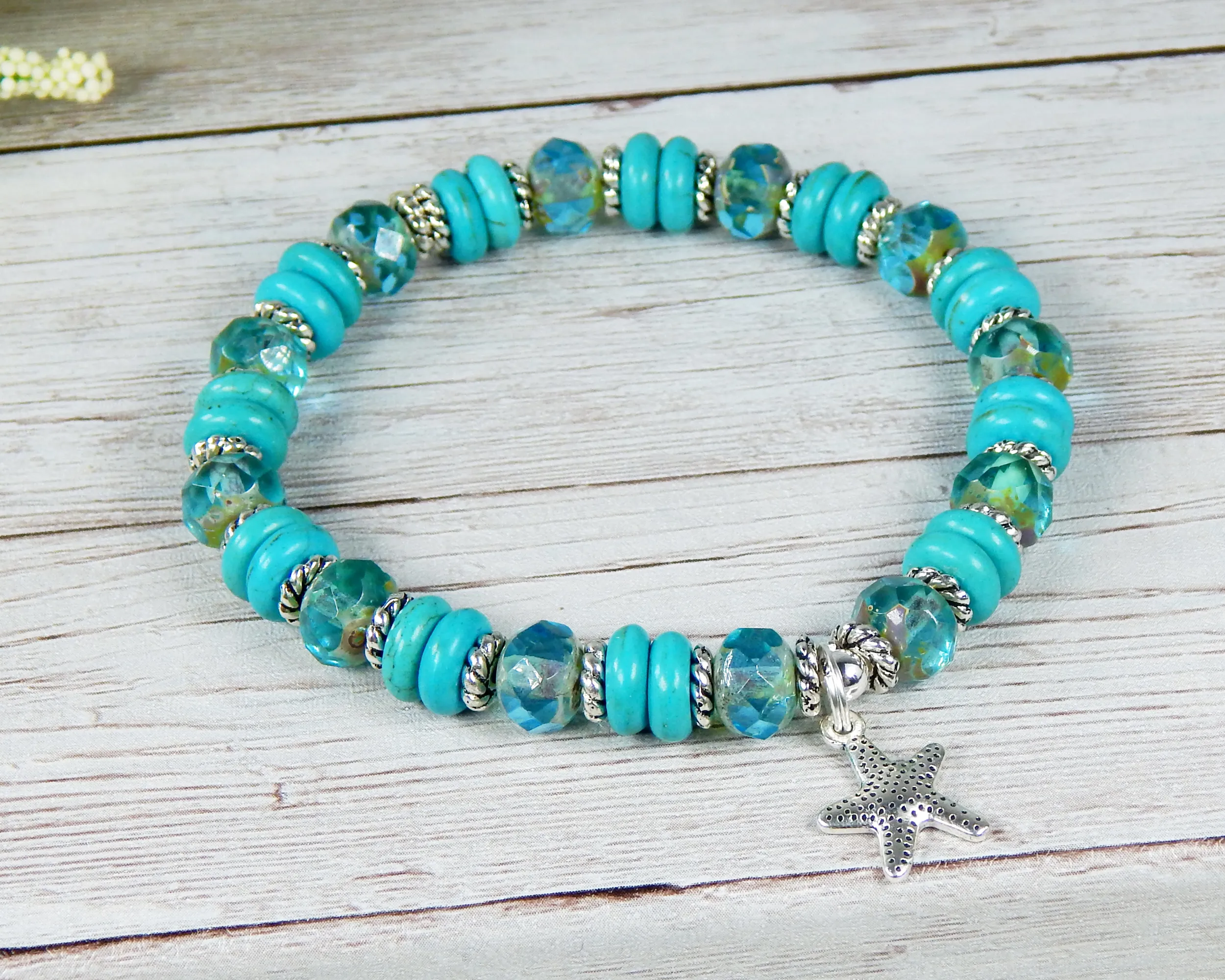 Turquoise Blue Ocean Inspired Bracelet - Ocean Jewelry - Starfish Charm