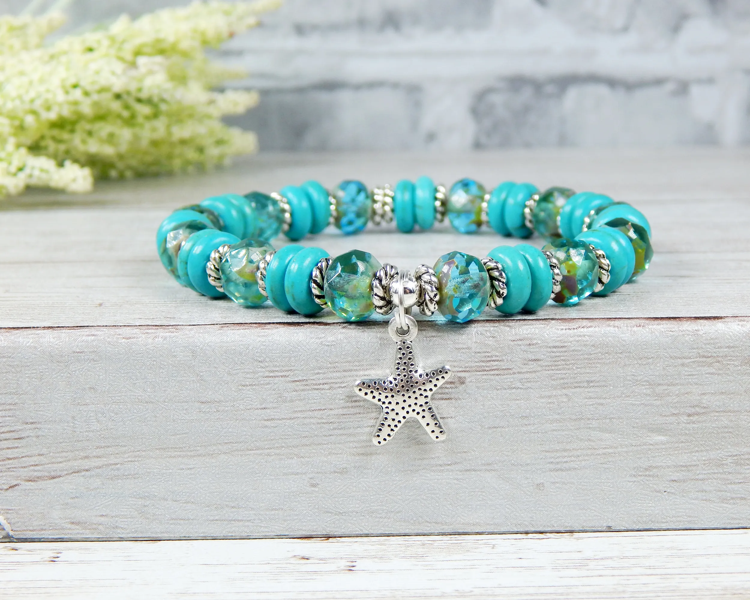 Turquoise Blue Ocean Inspired Bracelet - Ocean Jewelry - Starfish Charm