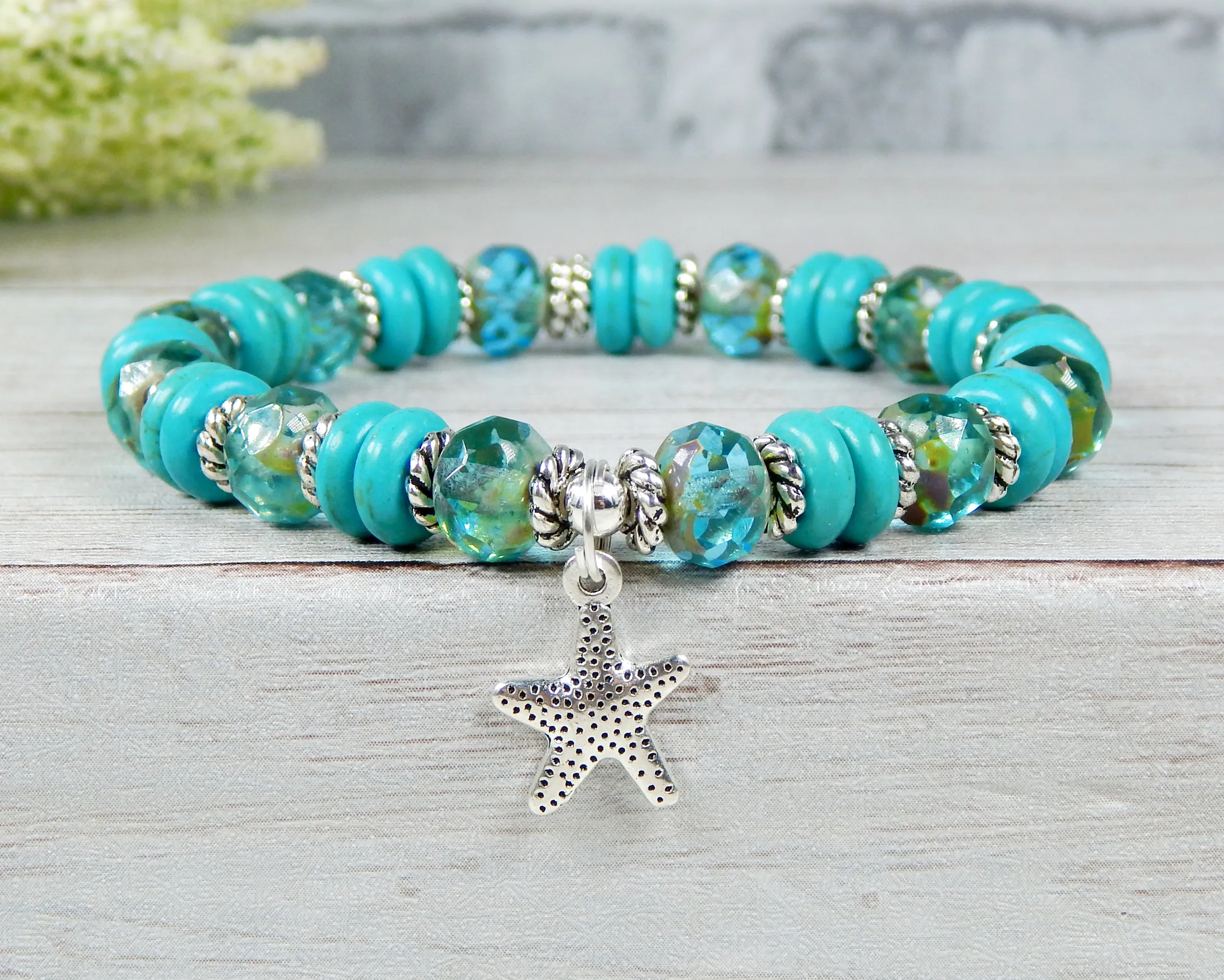 Turquoise Blue Ocean Inspired Bracelet - Ocean Jewelry - Starfish Charm