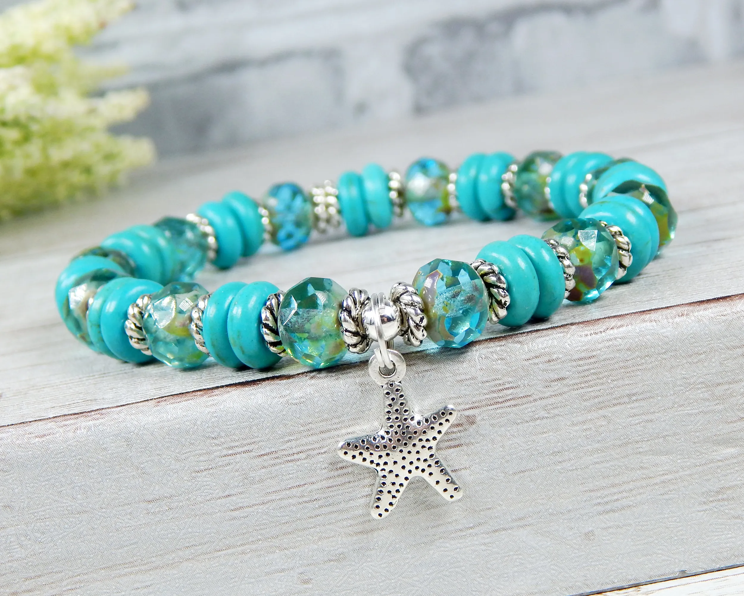 Turquoise Blue Ocean Inspired Bracelet - Ocean Jewelry - Starfish Charm