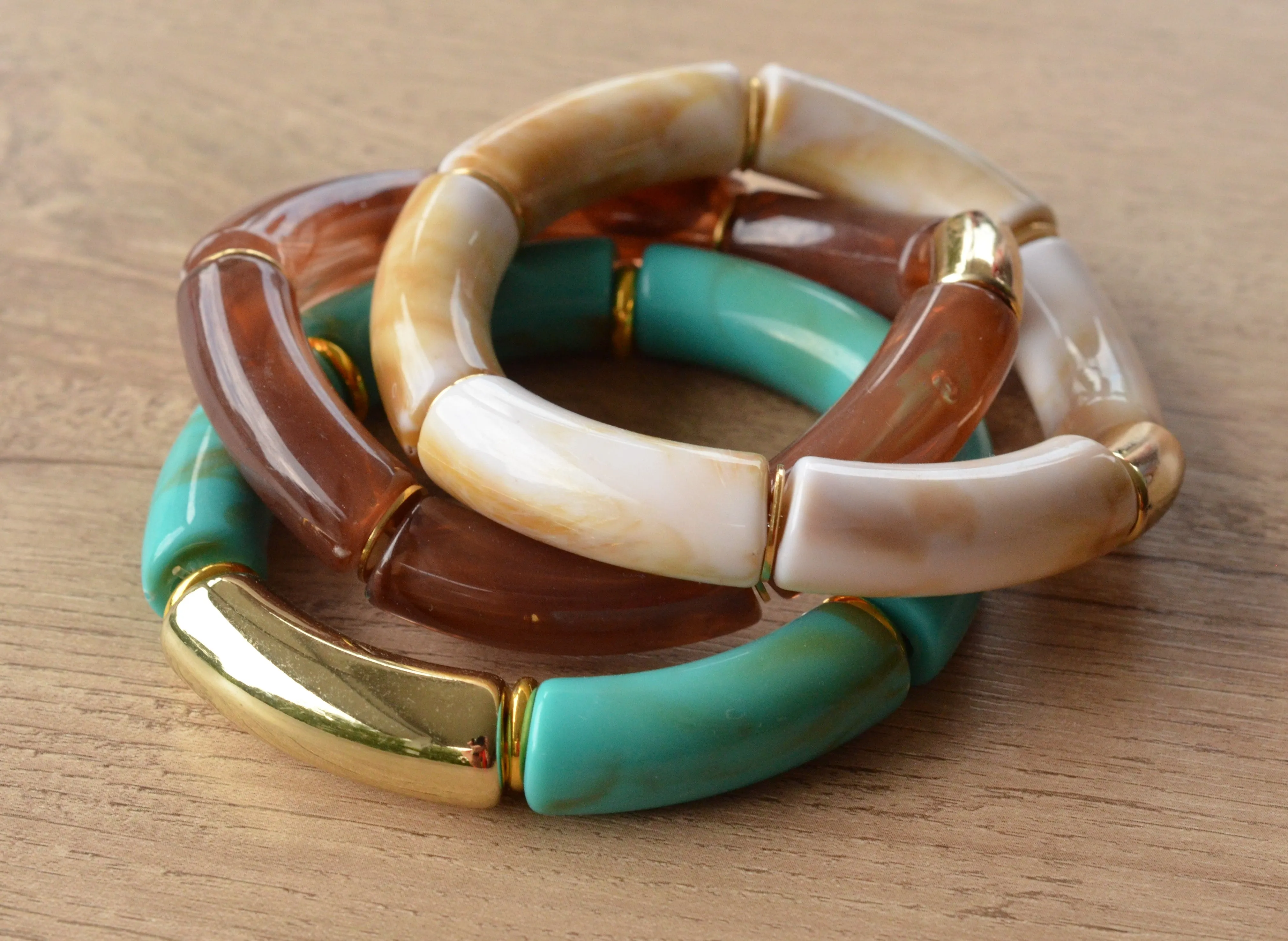 Turquoise Green Brown Ivory Acrylic Bead Lucite Tube Stretch Womens Bracelet