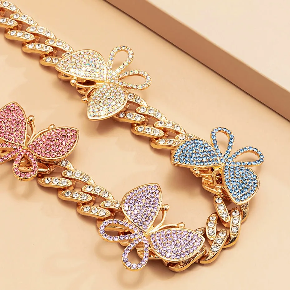 VenusFox Punk Crystal Miami Cuban Chain Butterfly Necklace for Women Kpop Luxury Rhinestone Thick Choker Necklace Fashion Jewelry Gifts