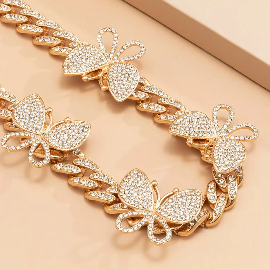 VenusFox Punk Crystal Miami Cuban Chain Butterfly Necklace for Women Kpop Luxury Rhinestone Thick Choker Necklace Fashion Jewelry Gifts