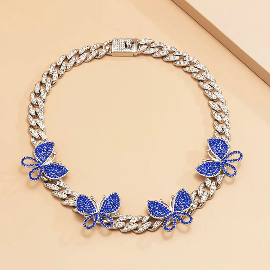 VenusFox Punk Crystal Miami Cuban Chain Butterfly Necklace for Women Kpop Luxury Rhinestone Thick Choker Necklace Fashion Jewelry Gifts