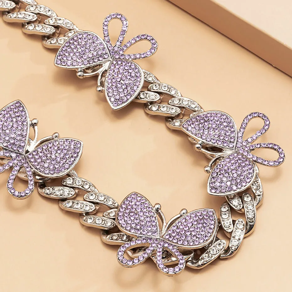 VenusFox Punk Crystal Miami Cuban Chain Butterfly Necklace for Women Kpop Luxury Rhinestone Thick Choker Necklace Fashion Jewelry Gifts