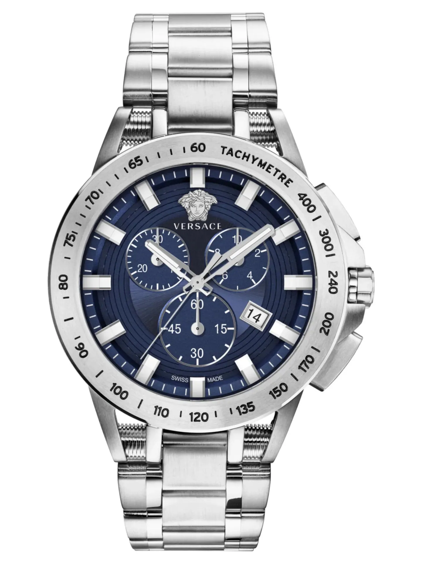 Versace SPORT TECH Mens Chronograph BLUE Dial Stainless Steel Bracelet Watch VE3E00521