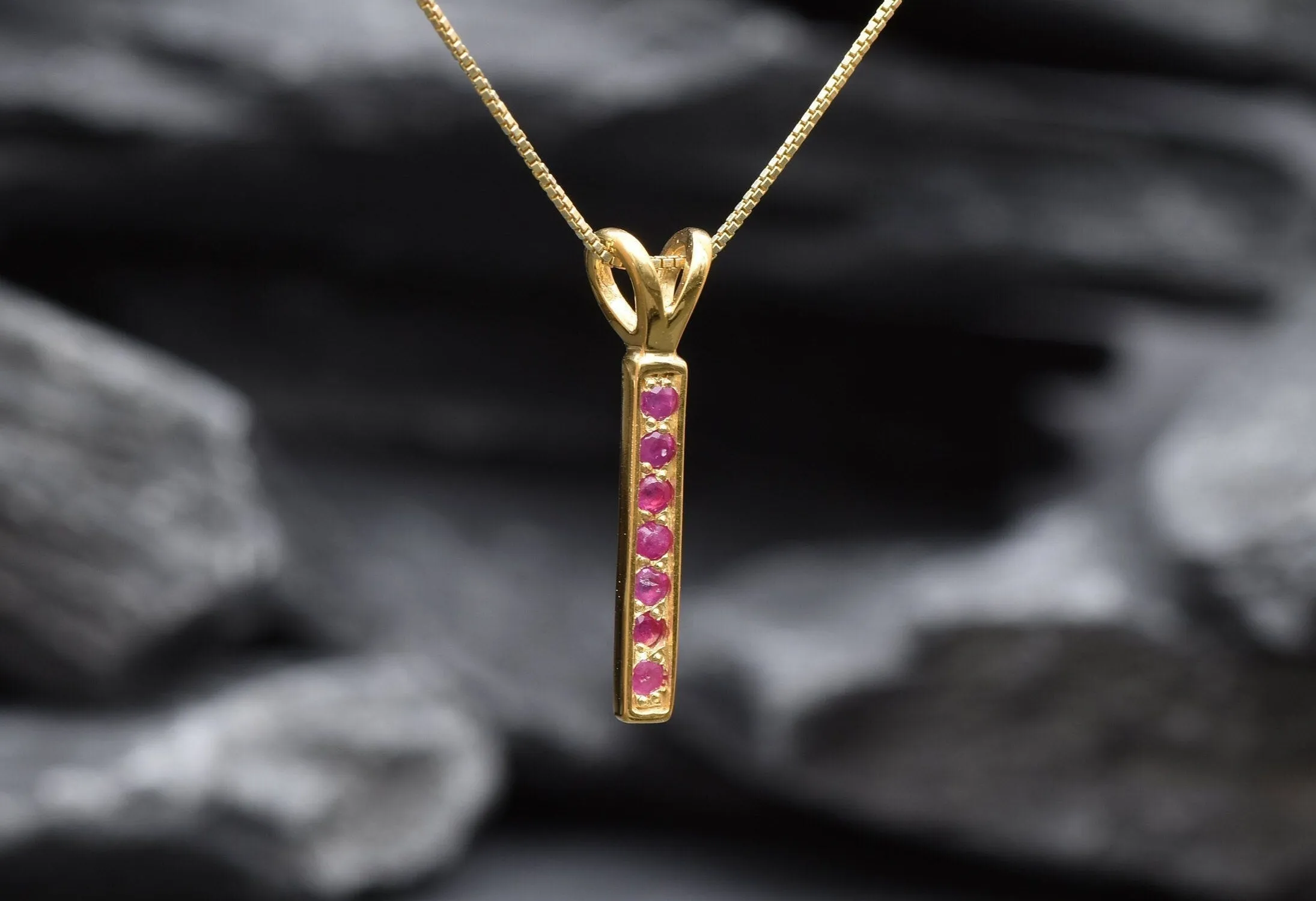 Vertical Ruby Pendant - Natural Ruby Necklace, Gold Ruby Pendant