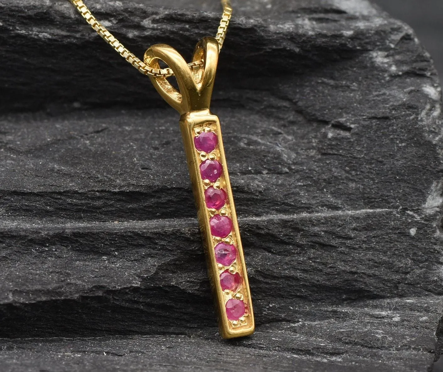 Vertical Ruby Pendant - Natural Ruby Necklace, Gold Ruby Pendant