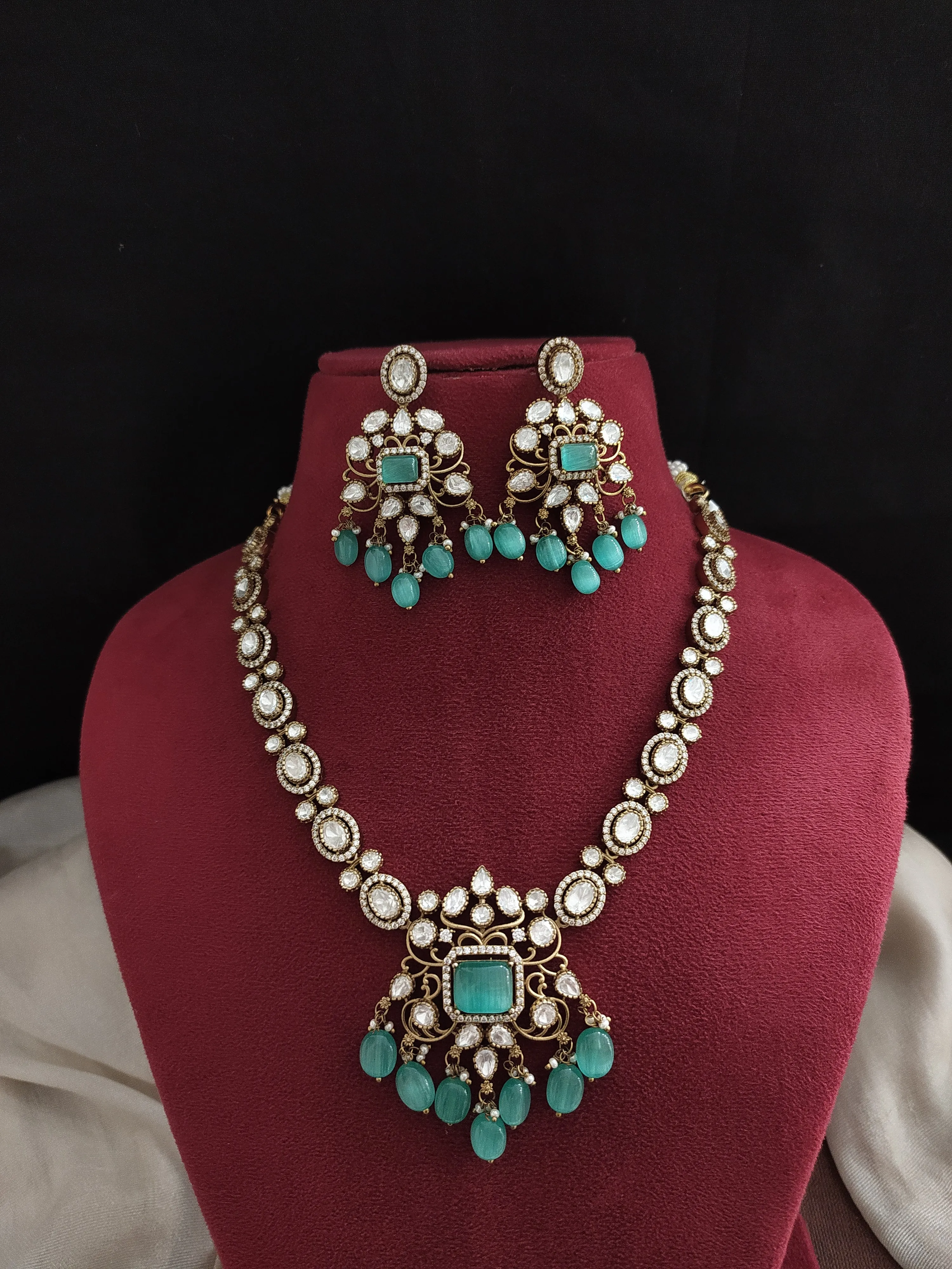 Victorian Necklace Set with Moissanite and Kundan Stones