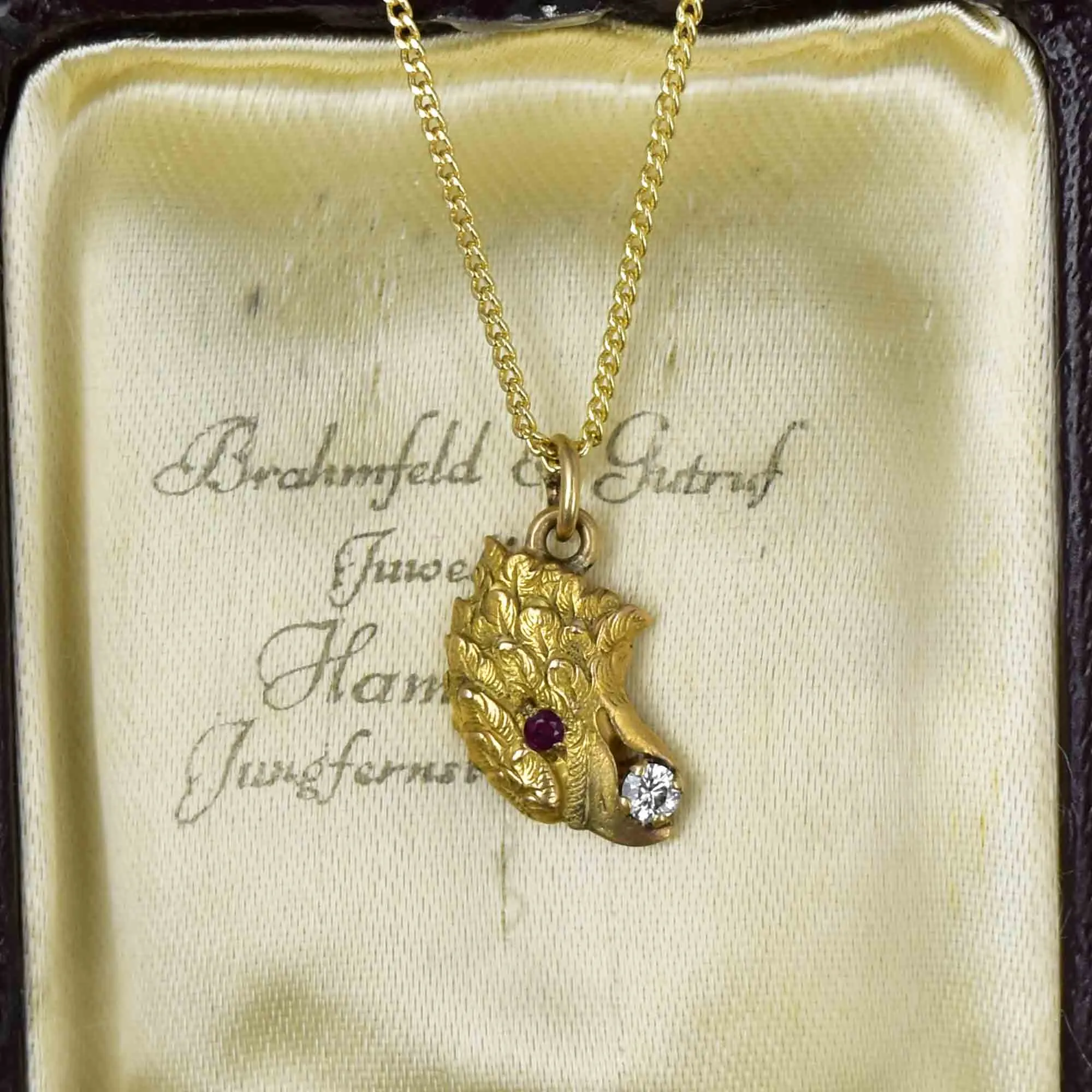 Vintage 14K Gold Diamond Ruby Eagle Head Pendant Necklace