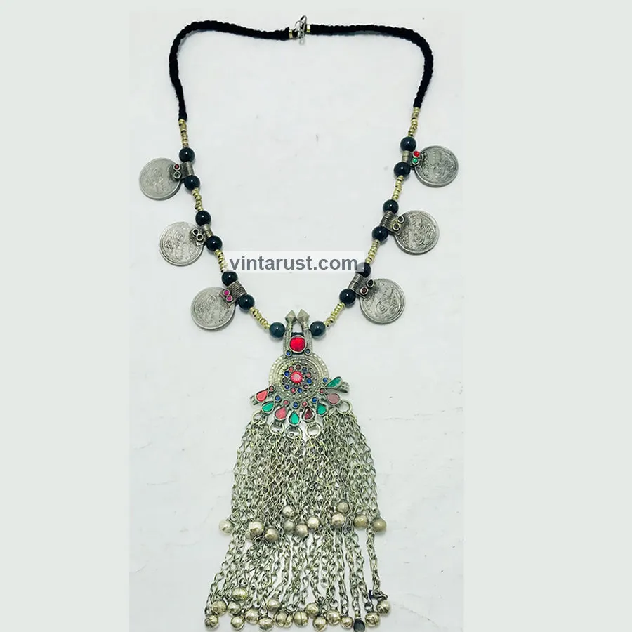 Vintage Beaded Coins Pendant Necklace