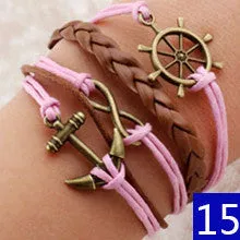 Vintage Bird Owls Anchor Wrap Leather Charm bracelets for women