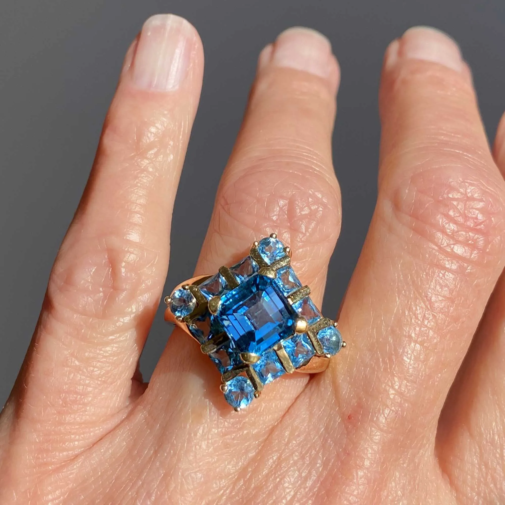 Vintage Checkerboard Cut Blue Topaz Ring in Gold