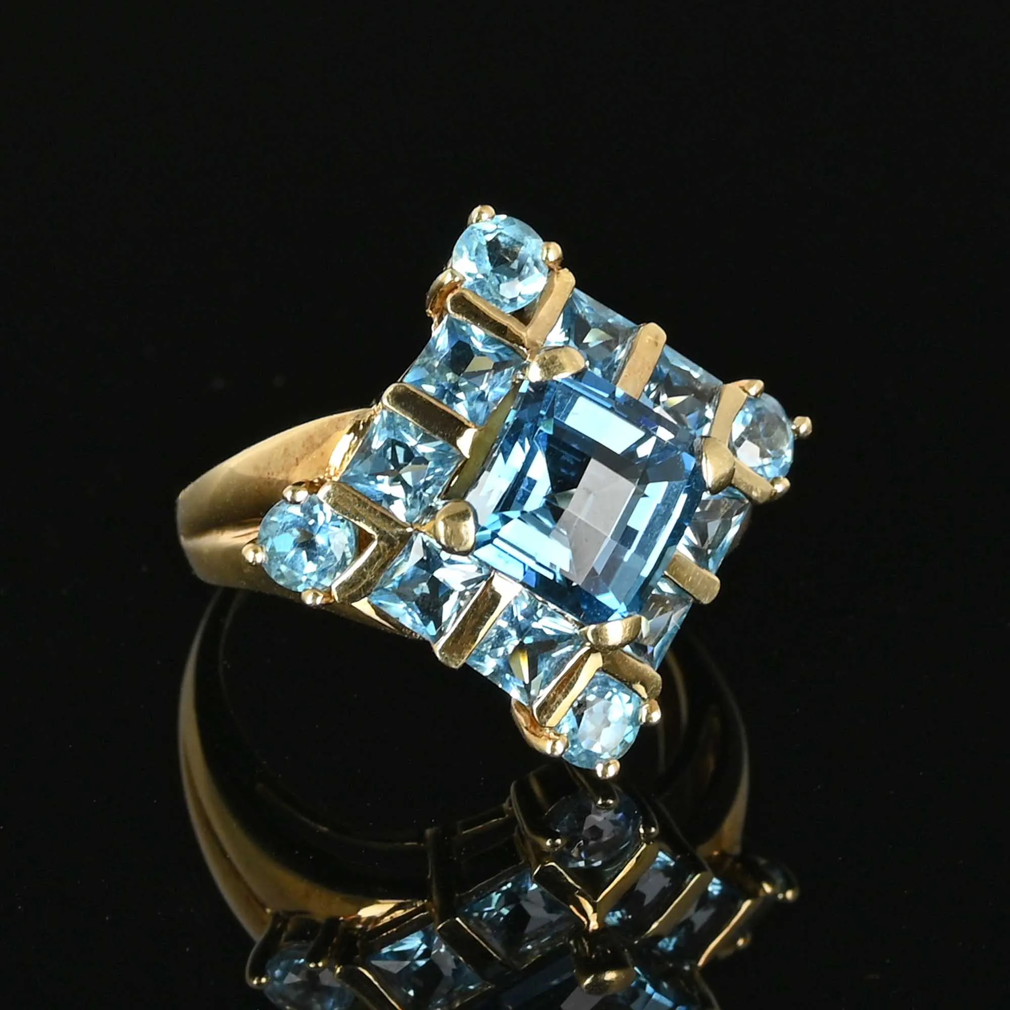 Vintage Checkerboard Cut Blue Topaz Ring in Gold