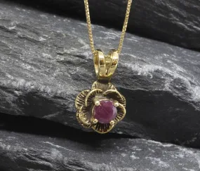 Vintage Flower Ruby Pendant - Natural Ruby Necklace, Gold Ruby Pendant