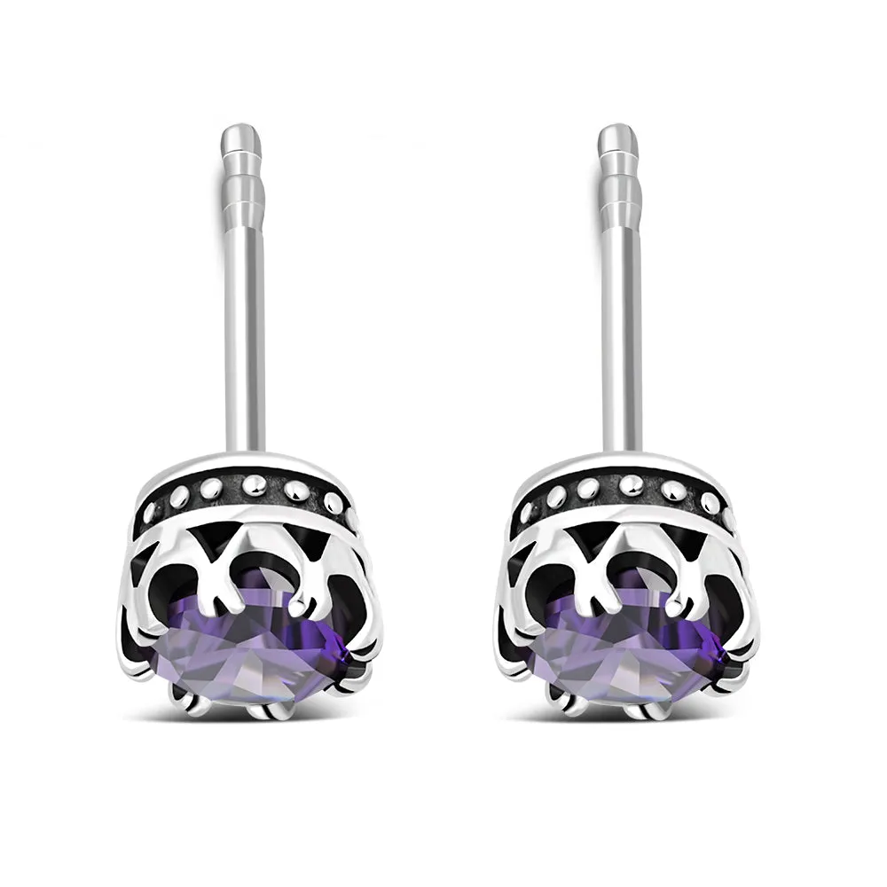 Vintage Royal Crown Ethnic Amethyst CZ Sterling Silver Stud Earrings