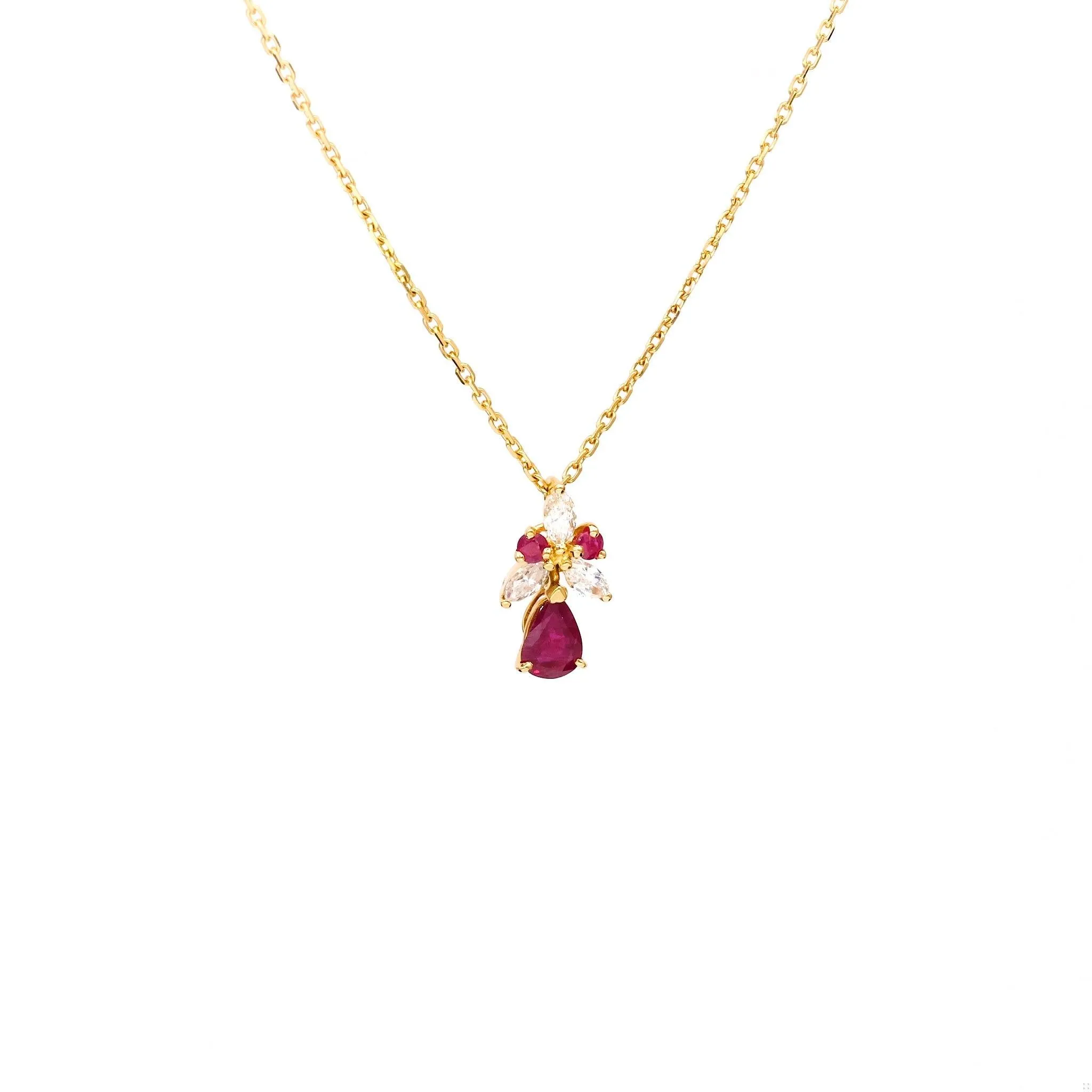 Vintage Ruby Diamond 18k Yellow Gold Pendant Necklace