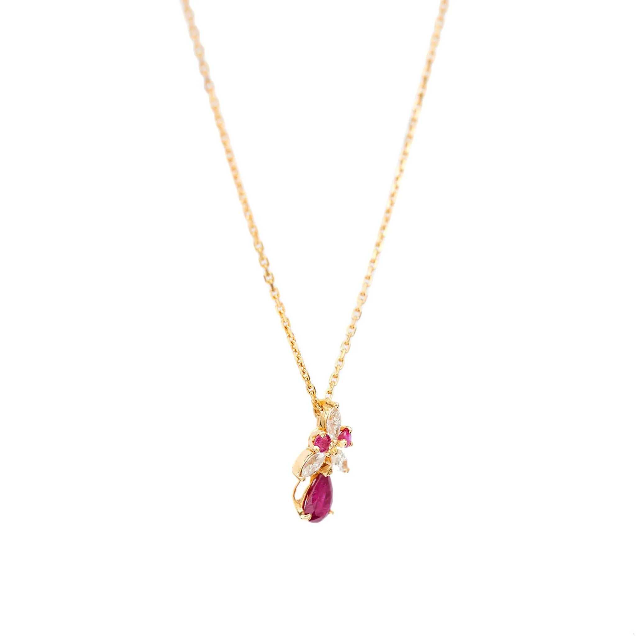 Vintage Ruby Diamond 18k Yellow Gold Pendant Necklace