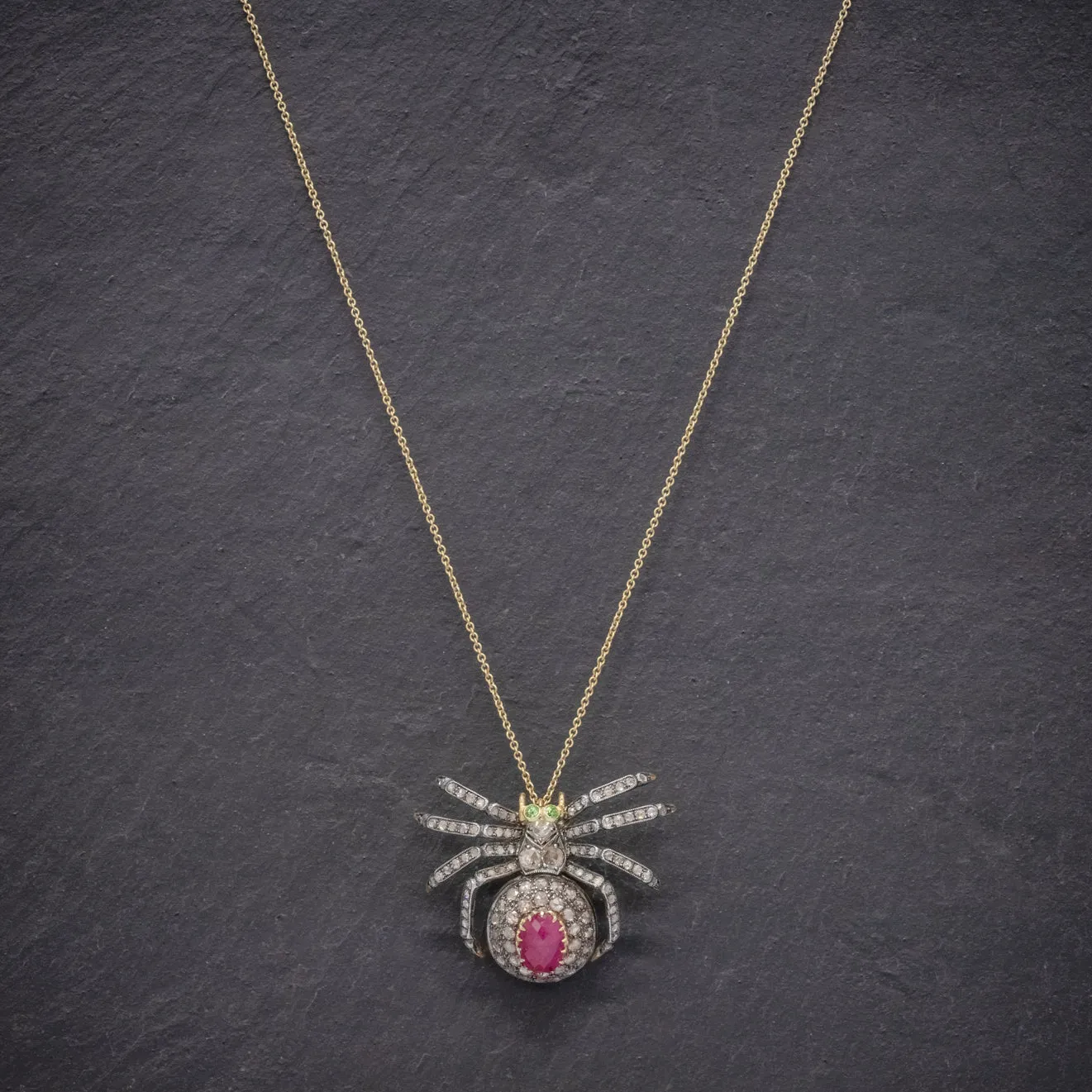 Vintage Spider Pendant Necklace 5Ct Diamond 2.80Ct Ruby 18Ct Gold Silver Brooch