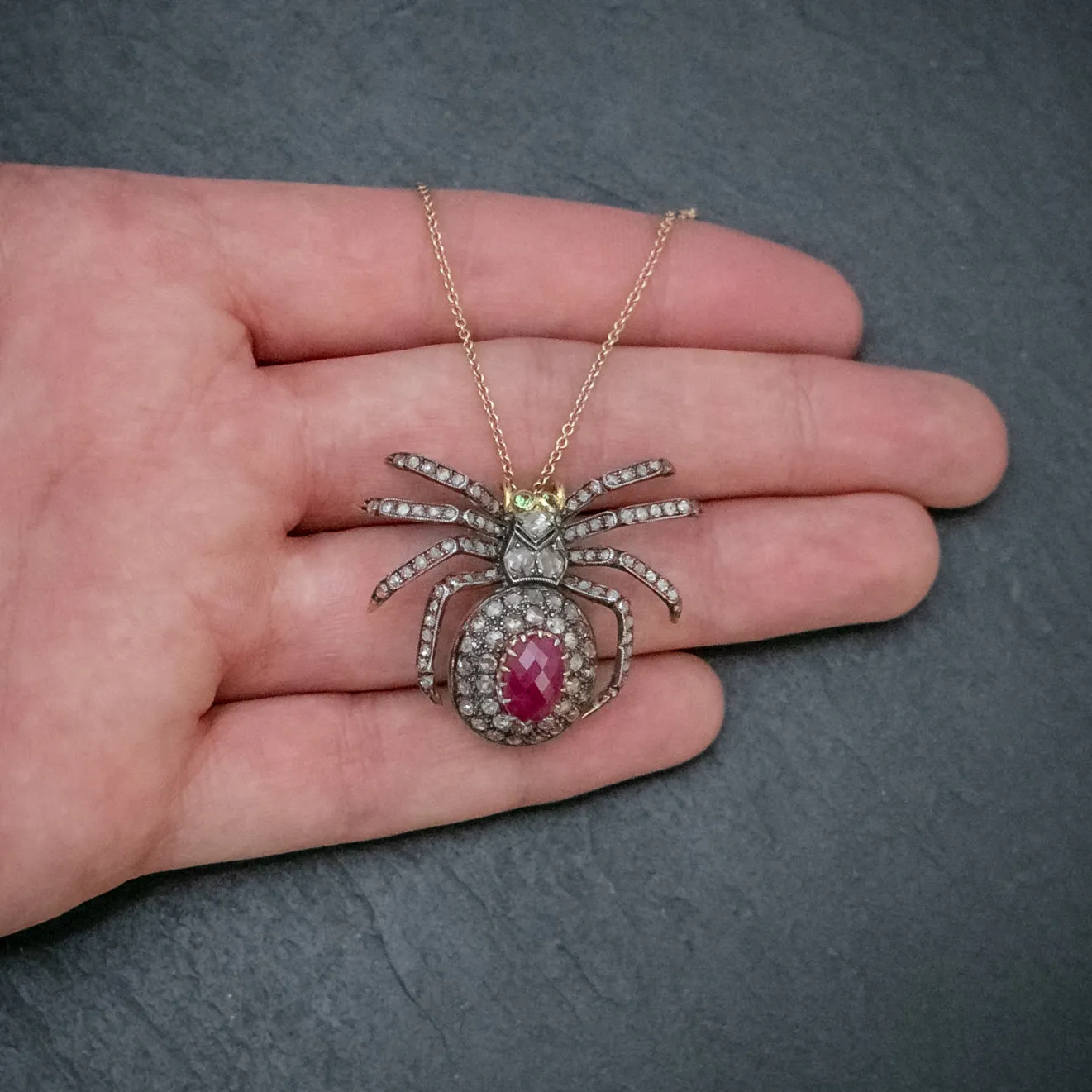 Vintage Spider Pendant Necklace 5Ct Diamond 2.80Ct Ruby 18Ct Gold Silver Brooch