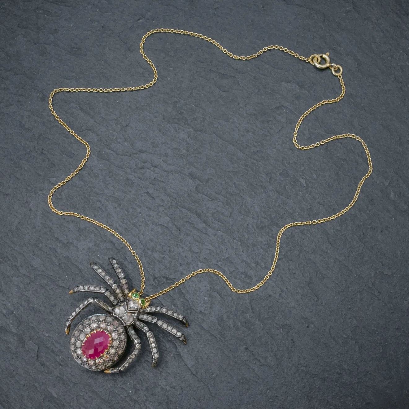 Vintage Spider Pendant Necklace 5Ct Diamond 2.80Ct Ruby 18Ct Gold Silver Brooch