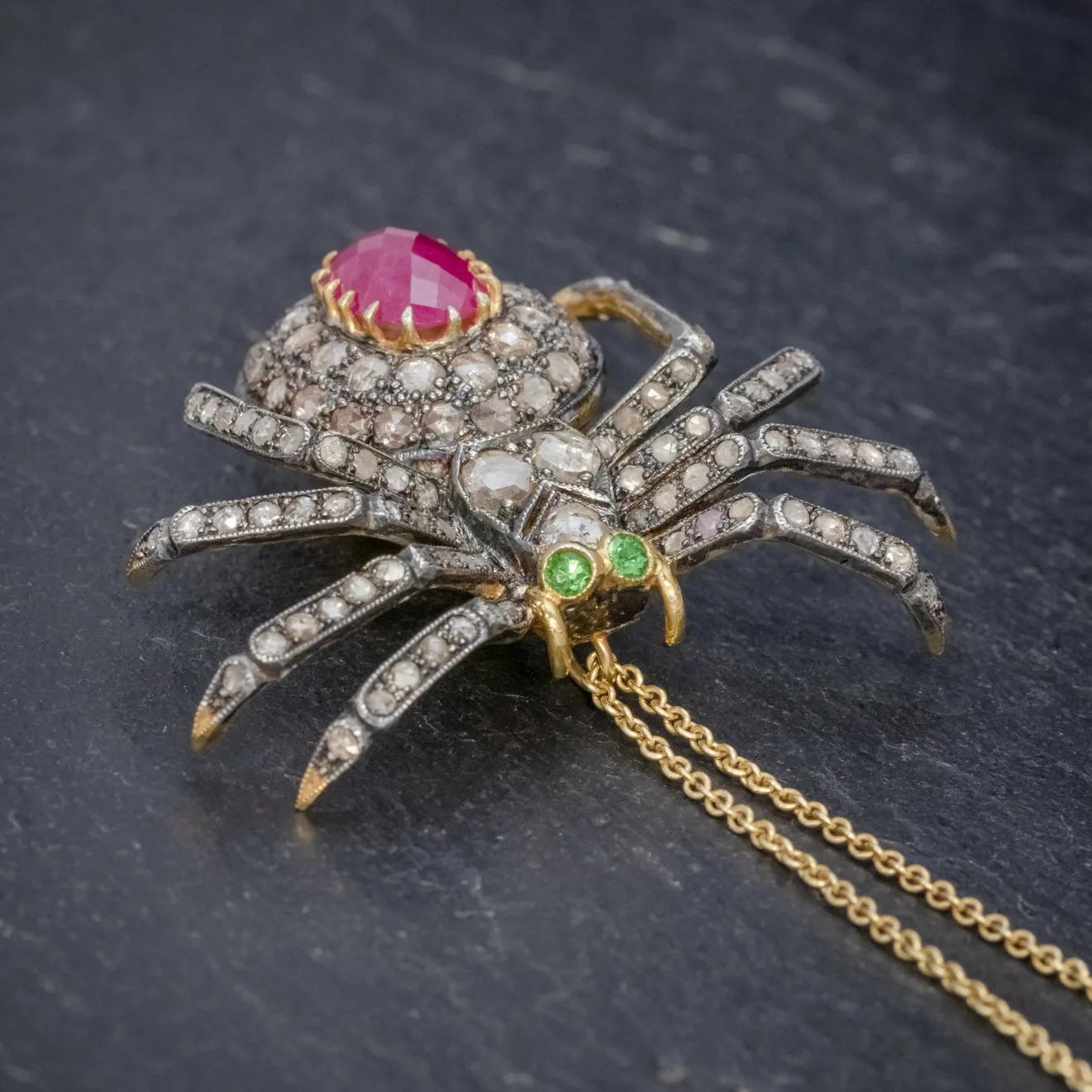 Vintage Spider Pendant Necklace 5Ct Diamond 2.80Ct Ruby 18Ct Gold Silver Brooch