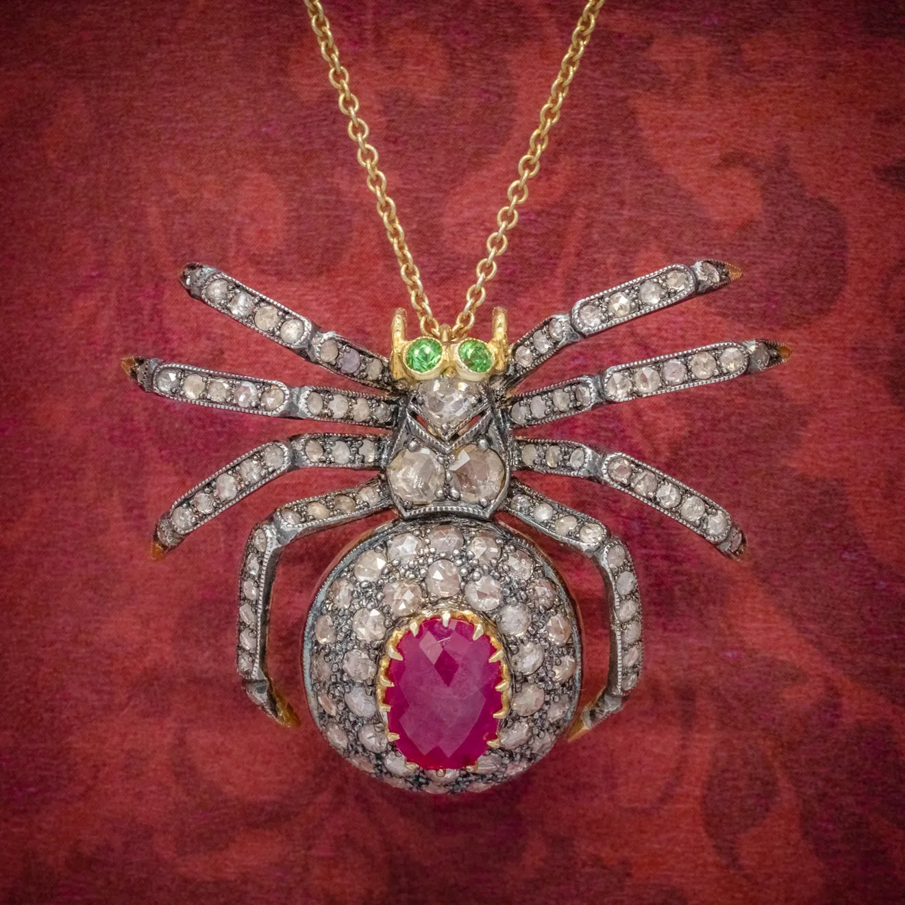 Vintage Spider Pendant Necklace 5Ct Diamond 2.80Ct Ruby 18Ct Gold Silver Brooch