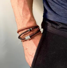 Vintage Style Brown Personalized Leather Wrap Around Bracelet, Custom Engraved Leather Bracelet, Custom Leather Bracelet Men, Bracelet Homme