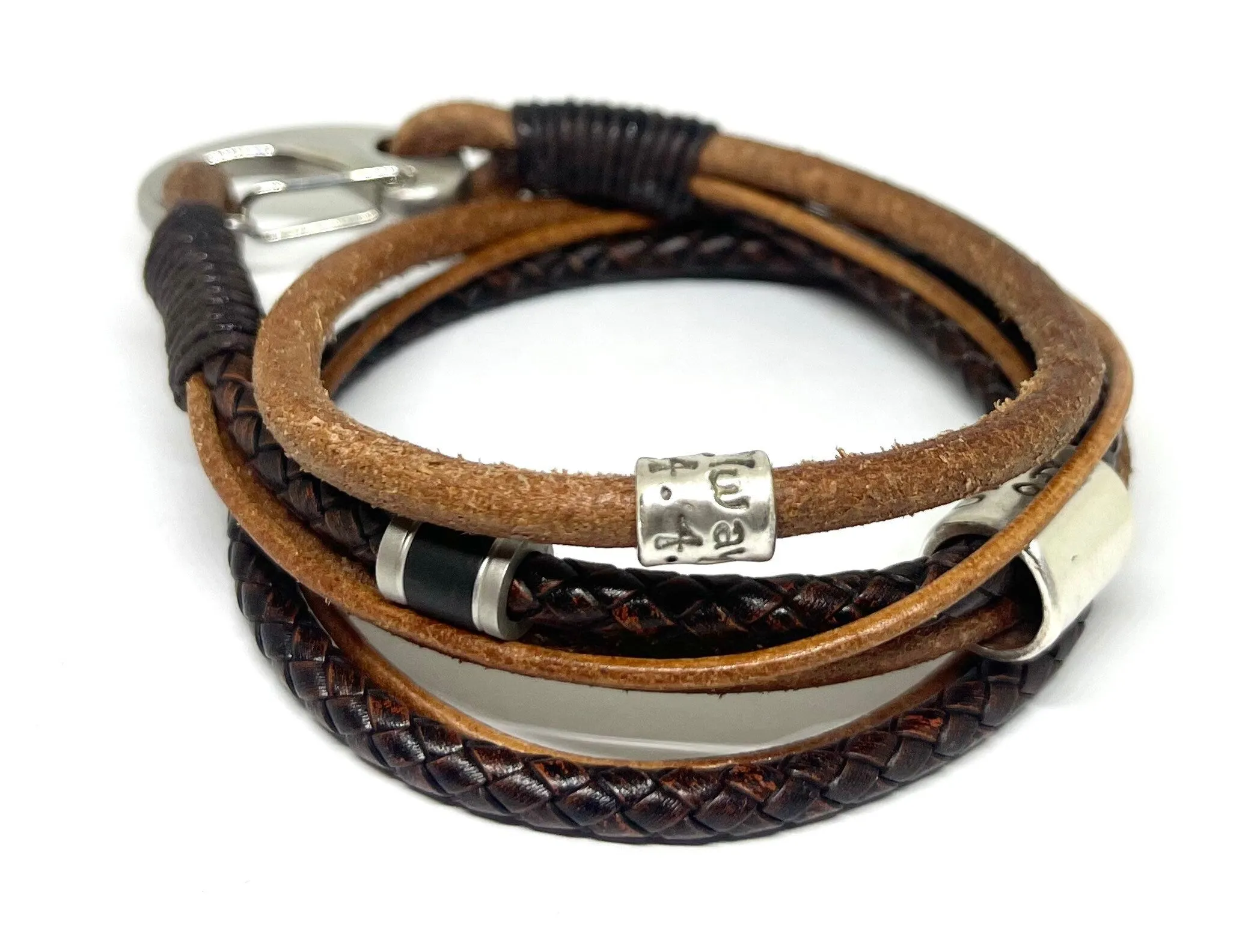 Vintage Style Brown Personalized Leather Wrap Around Bracelet, Custom Engraved Leather Bracelet, Custom Leather Bracelet Men, Bracelet Homme