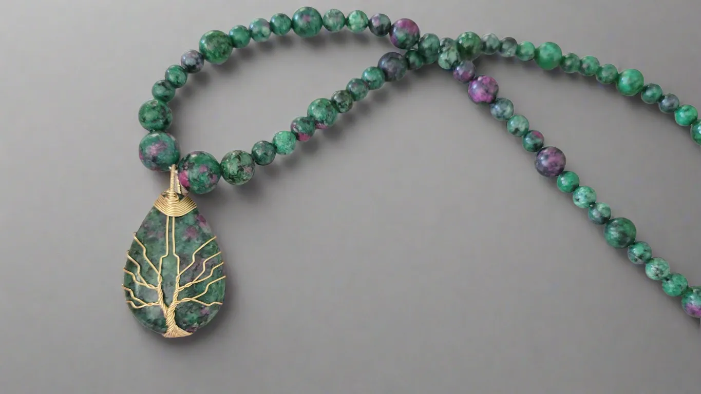 Water Droplet Tree of Life Pendant Beaded Necklace [Anyolite/Ruby in Zoisite]