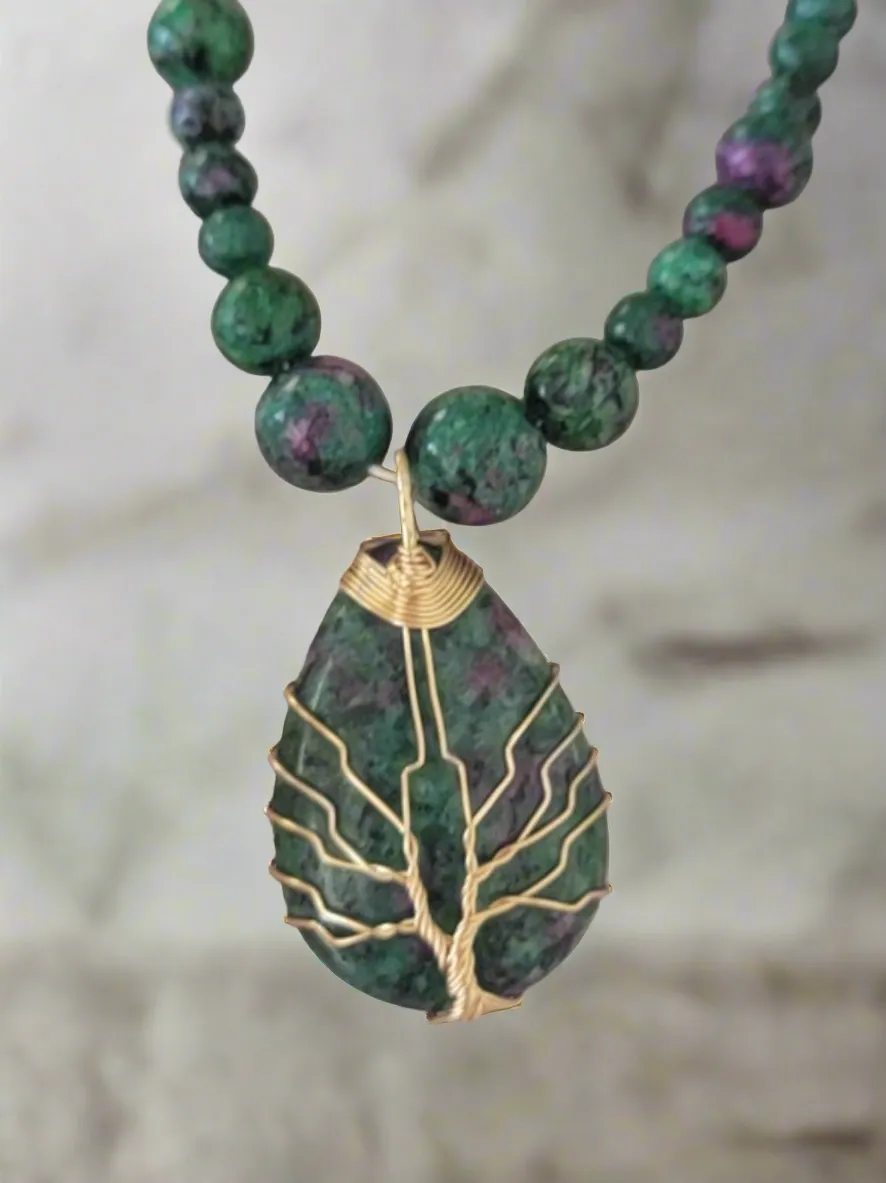 Water Droplet Tree of Life Pendant Beaded Necklace [Anyolite/Ruby in Zoisite]