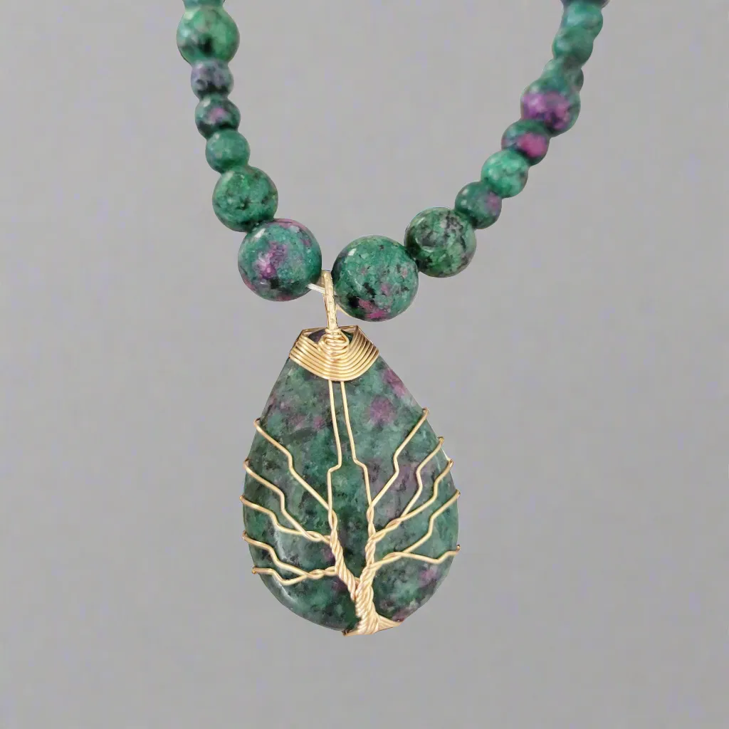 Water Droplet Tree of Life Pendant Beaded Necklace [Anyolite/Ruby in Zoisite]