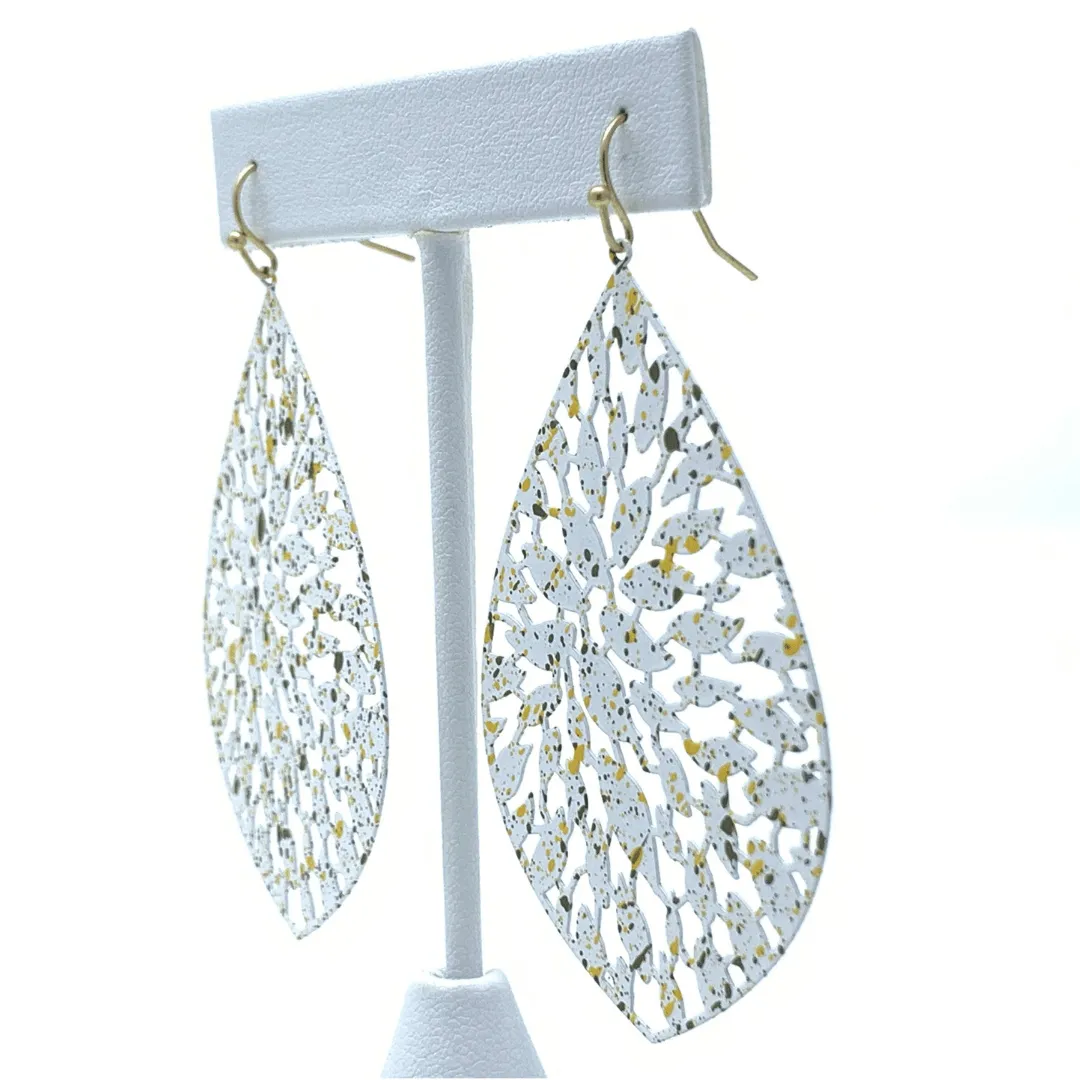 White Filigree Metal Teardrop Statement Earrings