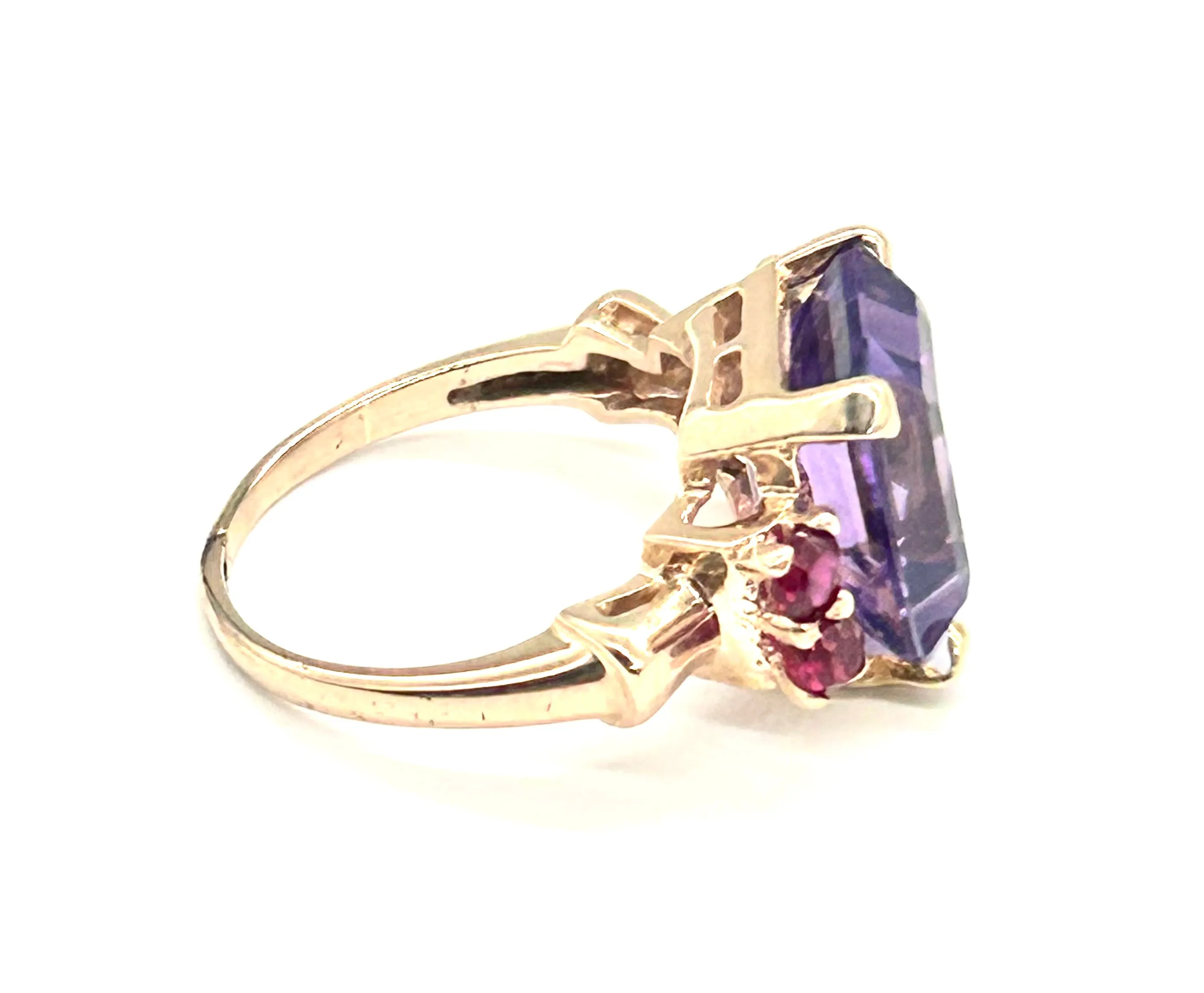 Women’s Unique 14K Gold Rectangular Purple Gem & Ruby Ring