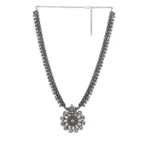 Yellow Chimes Oxidised Necklace for Women Silver Oxidised Necklace Floral Charm Traditional Long Chain Pendant Nacklce for Women and Girls