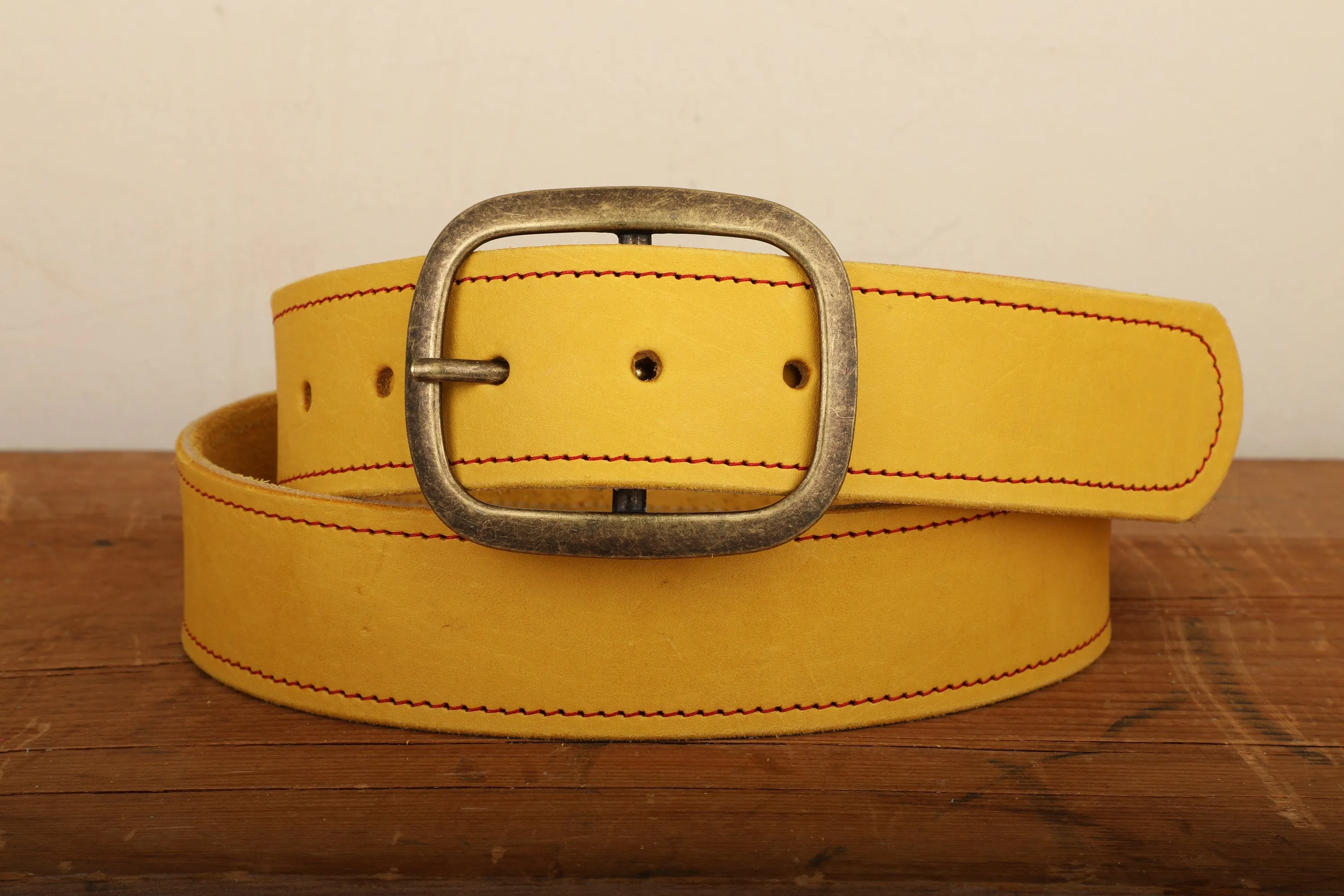 Yellow Leather Belt with Red Stitch with Antique Gold Tone Brass Buckle