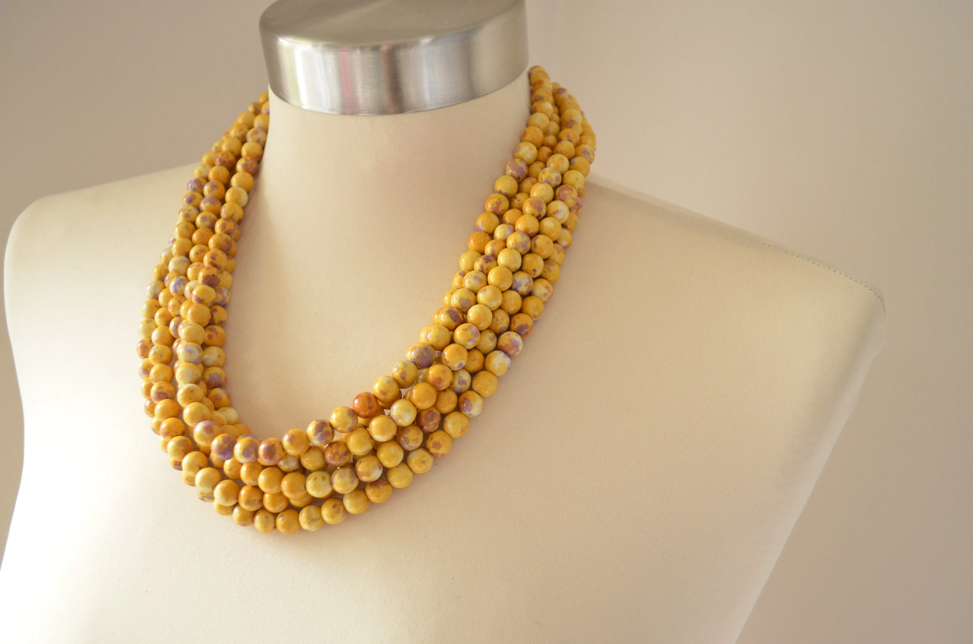 Yellow Purple Jade Beaded Multi Strand Chunky Statement Necklace - Michelle